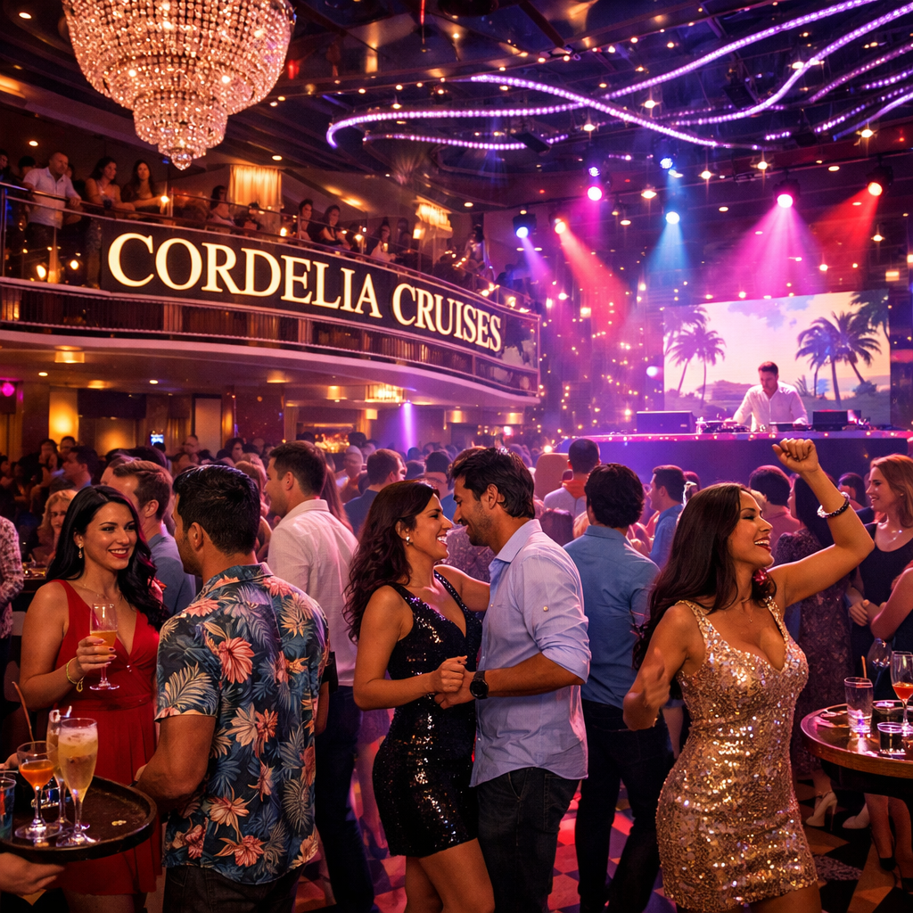 Crowded nightclub on Cordelia Cruises with people dancing and a DJ