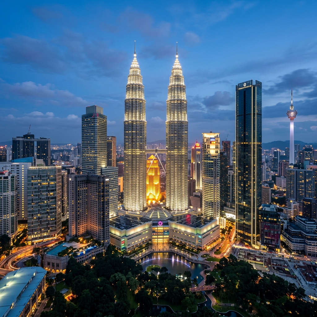 Petronas Towers and Kuala Lumpur cityscape illuminated at dusk with blue sky